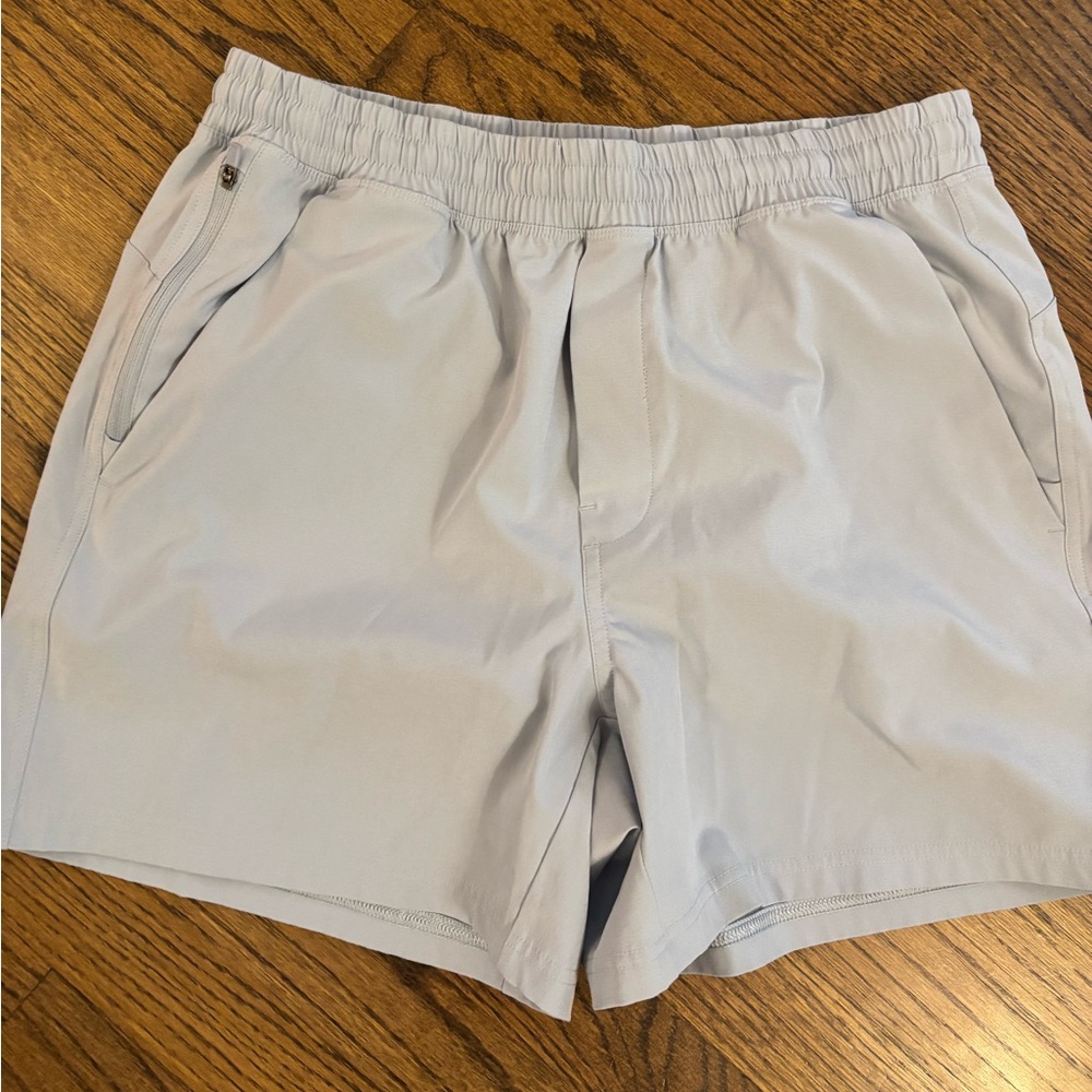 Men's light blue Athletic Shorts with Elastic Waistband. 5” inseam.